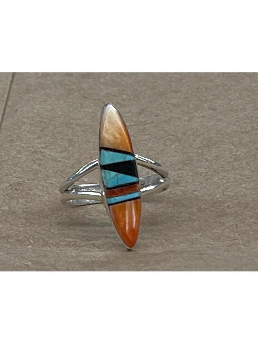 Navajo handmade spiny oyster turquoise sterling silver inlay ring size 6 natural